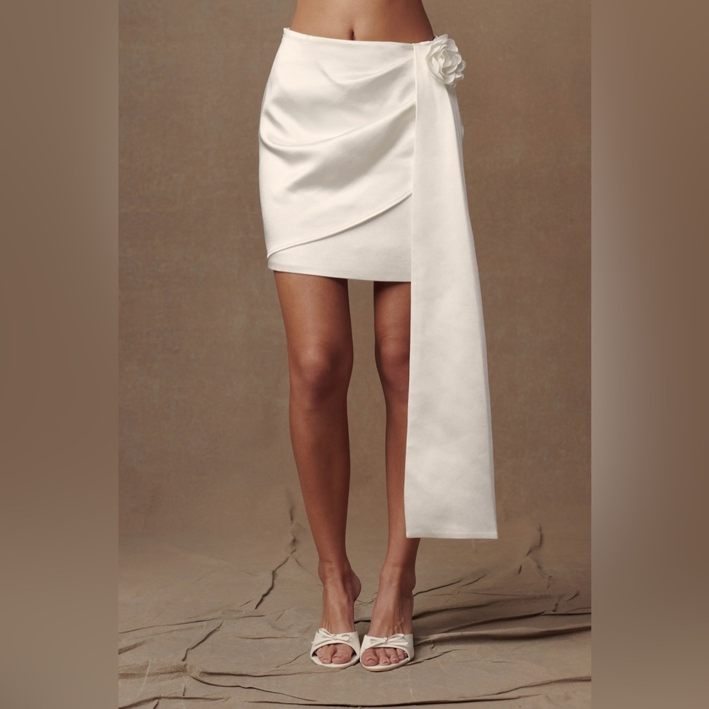 Meshki Ivory Asymmetrical Mini Skirt with Draped Sash